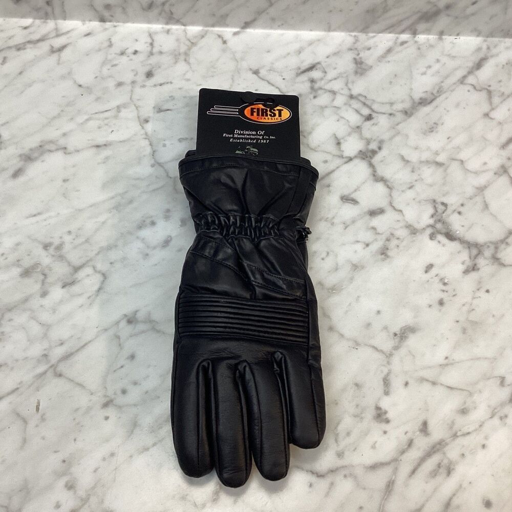 First Classics Black Leather Motorcycle Gloves Padded Knuckles Adjustable Wrist